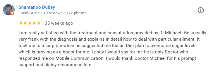 Screenshot of a Google review from Shantanoo Dubey praising Dr. Michael for his treatment and consultation, mentioning the Indian Diet plan and mobile communication. Médecin généraliste Français à Dubaï / GP / French GP / French Doctor / French famil