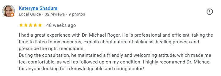 Screenshot of a Google review from Kateryna Shadura about Dr. Michael Roger. Médecin généraliste Français à Dubaï / GP / French GP / French Doctor / French family medicine