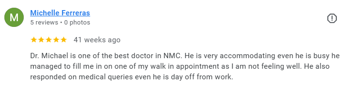 Screenshot of a Google review by Michelle Ferreras praising Dr. Michael for his care and accommodating attitude. Médecin généraliste Français à Dubaï / GP / French GP / French Doctor / French family medicine