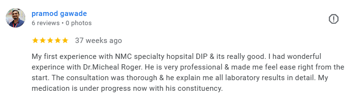 Google review section showing a 5-star review for NMC specialty hospital from Pramod Gawade, praising the doctor and hospital experience. Médecin généraliste Français à Dubaï / GP / French GP / French Doctor / French family medicine