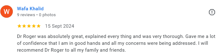 Screenshot of a Google review for Dr. Roger, praising his thoroughness and helpfulness. Médecin généraliste Français à Dubaï / GP / French GP / French Doctor / French family medicine