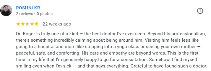 Screenshot of a Google review for Dr. Roger, praising his professionalism and calming presence. Médecin généraliste Français à Dubaï / GP / French GP / French Doctor / French family medicine
