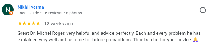 Screenshot of a Google reviews page for Nikhil Verma, a local guide with 16 reviews and 8 photos, showing a five-star review praising Dr. Michel Roger for helpful advice. Médecin généraliste Français à Dubaï / GP / French GP / French Doctor / French 