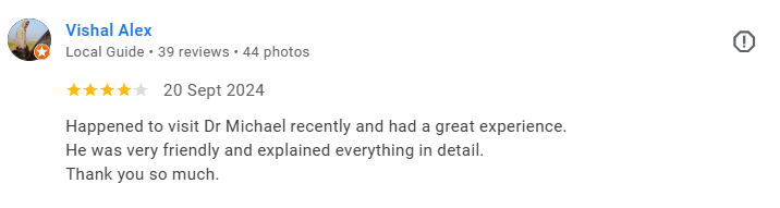 Screenshot of a Google review for Dr. Michael, written by Vishal Alex, praising the visit and experience. Médecin généraliste Français à Dubaï / GP / French GP / French Doctor / French family medicine