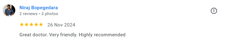 Screenshot of a Google review for a doctor named Niraj Bopegedara, including the reviewer's name, review date, and a five-star rating with positive comments. Médecin généraliste Français à Dubaï / GP / French GP / French Doctor / French family medici
