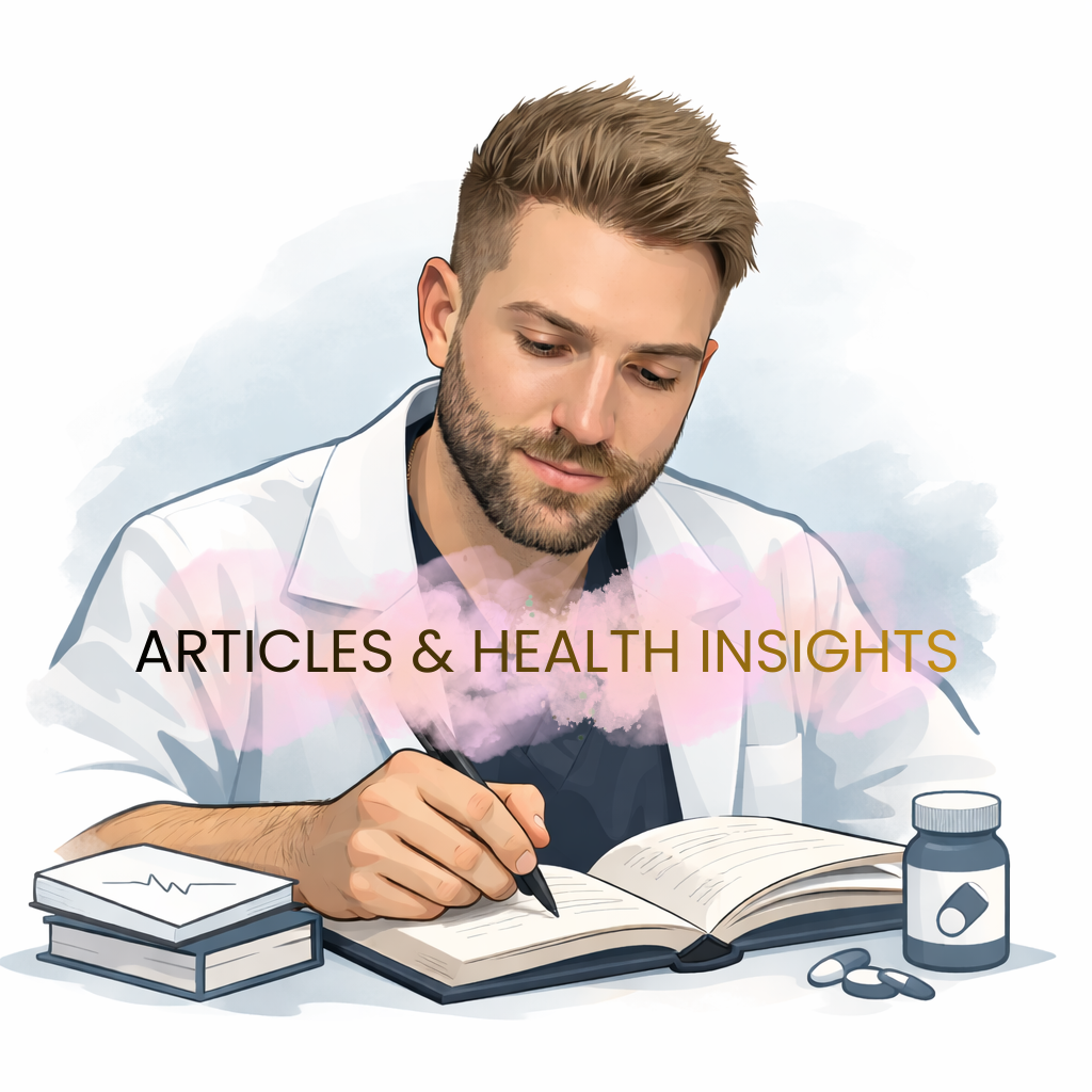 A male doctor in a white coat writes in a notebook, with medical books and medication bottles on the table, promoting articles and health insights. Médecin généraliste Français à Dubaï / GP / French GP / French Doctor / French family medicine
