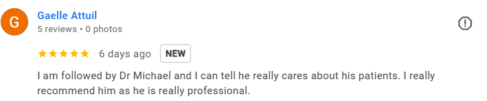Screenshot of a Google review for Gaelle Attuil with five stars, five days ago, stating trust and professionalism. Médecin généraliste Français à Dubaï / GP / French GP / French Doctor / French family medicine