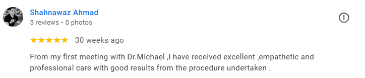 Review excerpt from Shahnawaz Ahmad praising Dr. Michael for compassionate, professional care. Médecin généraliste Français à Dubaï / GP / French GP / French Doctor / French family medicine