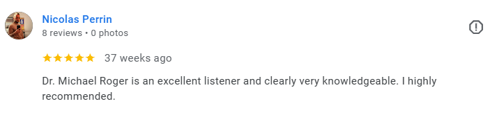 Screenshot of a Google review by Nicolas Perrin for Dr. Michael Roger, praising his listening skills and knowledge, with a five-star rating. Médecin généraliste Français à Dubaï / GP / French GP / French Doctor / French family medicine