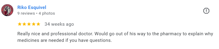 Screenshot of a Google review by Riko Esquivel praising a doctor for being professional and helpful. Médecin généraliste Français à Dubaï / GP / French GP / French Doctor / French family medicine