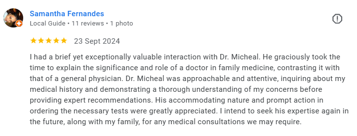 Review by Samantha Fernandes about Dr. Micheal. Médecin généraliste Français à Dubaï / GP / French GP / French Doctor / French family medicine