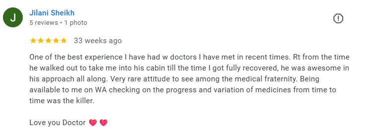 Screenshot of a positive review by Jilani Sheikh praising a doctor, including five stars and mentioning a personal recovery experience. Médecin généraliste Français à Dubaï / GP / French GP / French Doctor / French family medicine