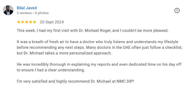 Screenshot of a social media review by Bilal Javed praising Dr. Michael Roger at NMC DIP. Médecin généraliste Français à Dubaï / GP / French GP / French Doctor / French family medicine