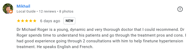 Screenshot of a 5-star review for Dr. Michael Roger from a patient named Mikhail. Médecin généraliste Français à Dubaï / GP / French GP / French Doctor / French family medicine