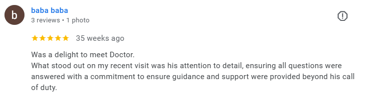 Screenshot of a 5-star review from baba baba, praising a doctor for attention to detail and thorough guidance. Médecin généraliste Français à Dubaï / GP / French GP / French Doctor / French family medicine