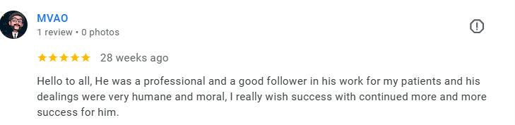 Screenshot of a Google review for a professional, dated 28 weeks ago, praising his humanity and moral dealings with patients. Médecin généraliste Français à Dubaï / GP / French GP / French Doctor / French family medicine
