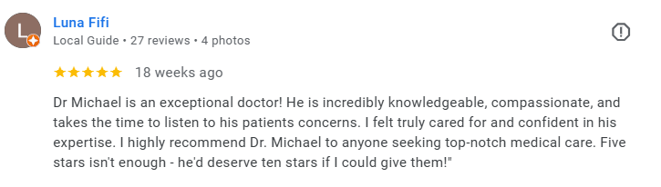 Screenshot of a Google review for Luna Fifi Business Profile, showing five-star rating and positive testimonial about Dr. Michael's medical care. Médecin généraliste Français à Dubaï / GP / French GP / French Doctor / French family medicine