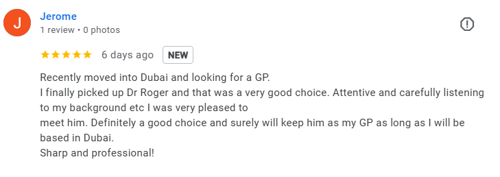 Screenshot of a Google review by Jerome for a doctor in Dubai, praising their attentive and professional service.