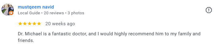 Screenshot of a Google review for Dr. Michael, praising his professionalism and recommending him to family and friends.Médecin généraliste Français à Dubaï / GP / French GP / French Doctor / French family medicine