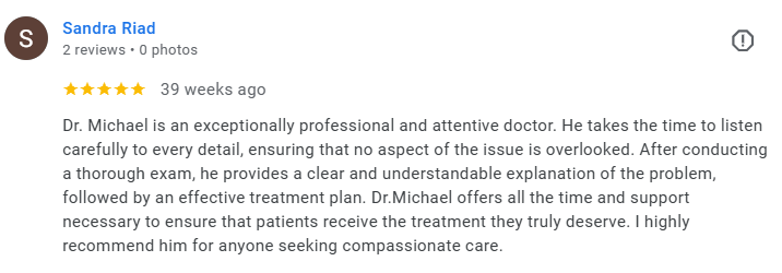 Screenshot of a Google review for Dr. Michael, rating five stars, written by Sandra Riad. Médecin généraliste Français à Dubaï / GP / French GP / French Doctor / French family medicine