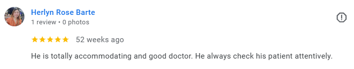 Screenshot of a Google review by Herlyn Rose Barte, rating five stars, praising a doctor for being accommodating and attentive. Médecin généraliste Français à Dubaï / GP / French GP / French Doctor / French family medicine