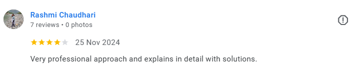 Screenshot of a Google review by Rashmi Choudhari, rated 4 stars, dated November 25, 2024, describing a professional approach with detailed solutions. Médecin généraliste Français à Dubaï / GP / French GP / French Doctor / French family medicine