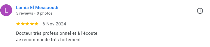 Screenshot of a Google review with five stars, dated November 6, 2024, praising a very professional and attentive doctor. Médecin généraliste Français à Dubaï / GP / French GP / French Doctor / French family medicine
