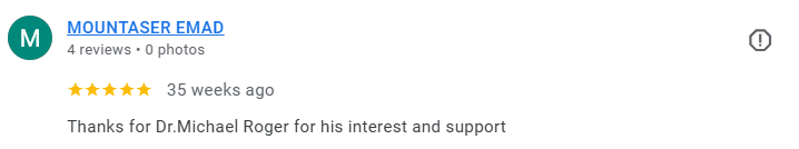 Review snippet for MOUNTA SER EMAD praising Dr. Michael Roger for his interest and support, along with a five-star rating and four reviews. Médecin généraliste Français à Dubaï / GP / French GP / French Doctor / French family medicine