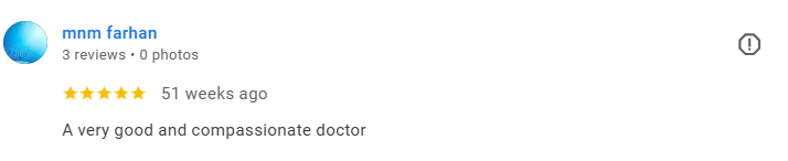 Customer review from mnm_farhan with 5 stars, praising the doctor as very good and compassionate. Médecin généraliste Français à Dubaï / GP / French GP / French Doctor / French family medicine