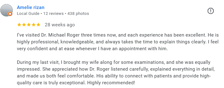 Screengrab of a Google review by Amelie Rizan for Dr. Michael Roger, praising his professionalism and care, with a 5-star rating and 28 weeks ago. Médecin généraliste Français à Dubaï / GP / French GP / French Doctor / French family medicine