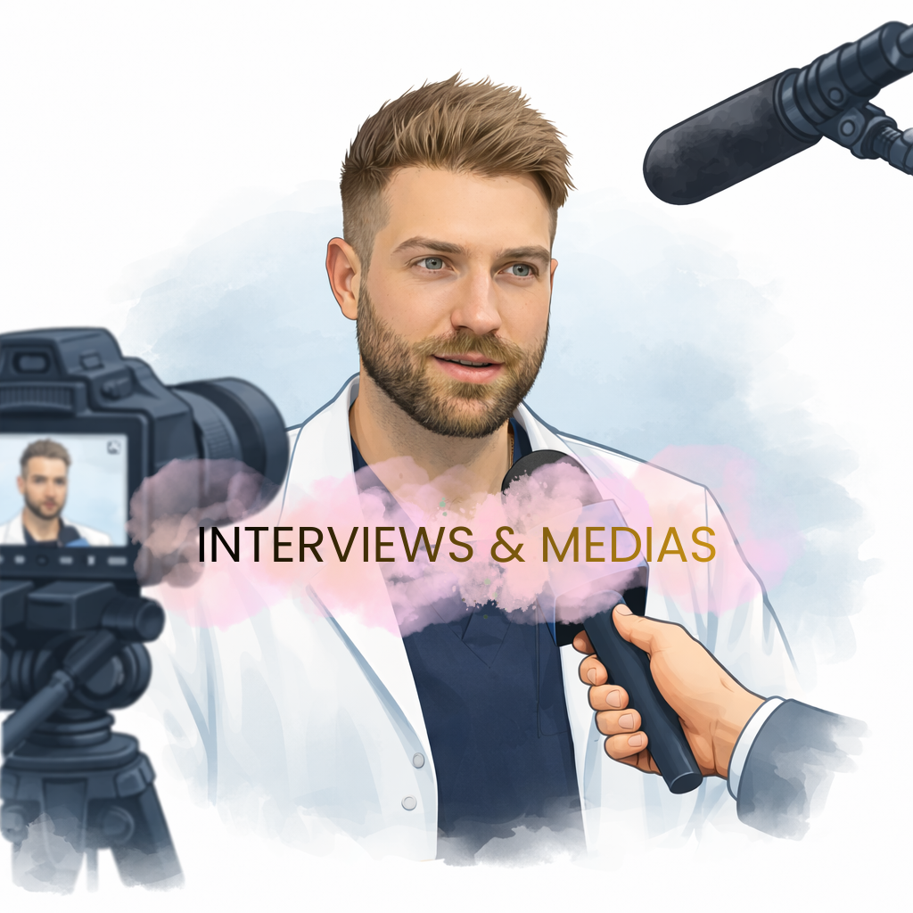 A man in a white coat being interviewed by media, with cameras and microphones focused on him, and the words 'Interviews & Media' displayed across the image. Médecin généraliste Français à Dubaï / GP / French GP / French Doctor / French family medici