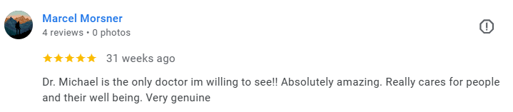 Screenshot of a Google review for Dr. Michael, praising his caring and genuine approach. Médecin généraliste Français à Dubaï / GP / French GP / French Doctor / French family medicine