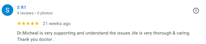 Screenshot of a 5-star online review praising a doctor for support, understanding, thoroughness, and caring. Médecin généraliste Français à Dubaï / GP / French GP / French Doctor / French family medicine