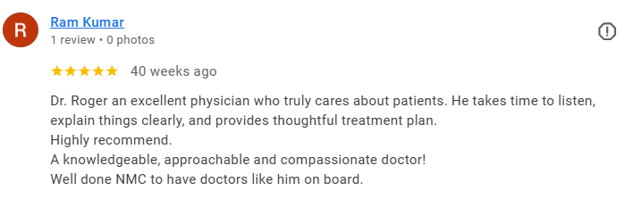 Screenshot of a Google review for Dr. Roger from Ram Kumar, praising his listening, clarity, and compassionate care. Médecin généraliste Français à Dubaï / GP / French GP / French Doctor / French family medicine