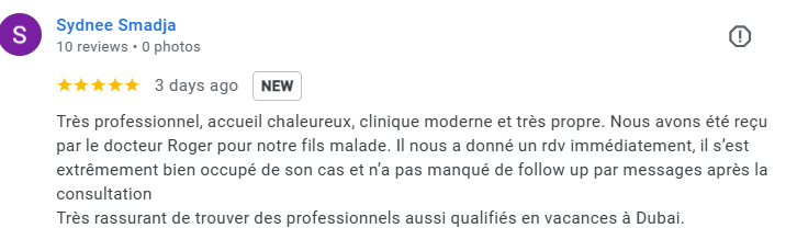 Screenshot of a Google reviews page with a five-star review written in French. Médecin généraliste Français à Dubaï / GP / French GP / French Doctor / French family medicine