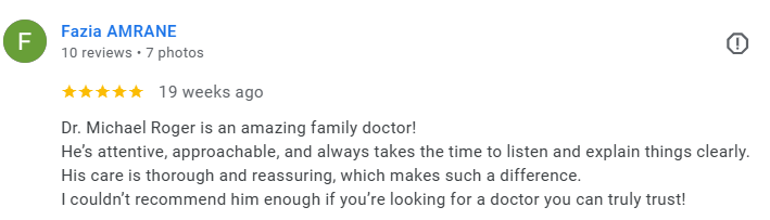 Screenshot of a Google review for Dr. Michael Roger, a family doctor, praising his attentiveness, approachability, thorough care, and patient trust. Médecin généraliste Français à Dubaï / GP / French GP / French Doctor / French family medicine