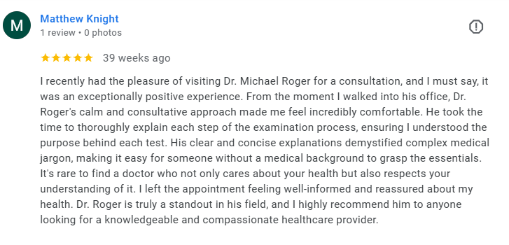 Online review of Dr. Michael Roger by Matthew Knight, praising his professionalism and clear explanations during a medical consultation. Médecin généraliste Français à Dubaï / GP / French GP / French Doctor / French family medicine