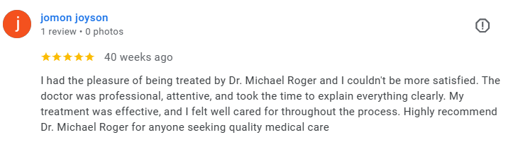 A Google review by Jomon Joyson praising Dr. Michael Roger for excellent medical care. Médecin généraliste Français à Dubaï / GP / French GP / French Doctor / French family medicine