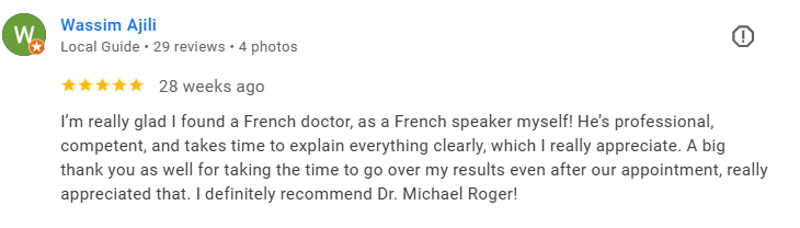 Google review for a French doctor, five-star rating, positive feedback about professionalism, communication, and recommending Dr. Michael Roger. Médecin généraliste Français à Dubaï / GP / French GP / French Doctor / French family medicine