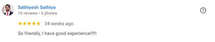Screenshot of a Google review by Sathyesh Sathiya stating 'So friendly, I have good experience!!!!!' with a 5-star rating. Médecin généraliste Français à Dubaï / GP / French GP / French Doctor / French family medicine