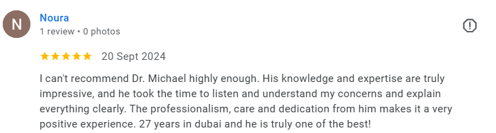 Screenshot of a Google review for Dr. Michael, praising his knowledge, professionalism, and care. Médecin généraliste Français à Dubaï / GP / French GP / French Doctor / French family medicine