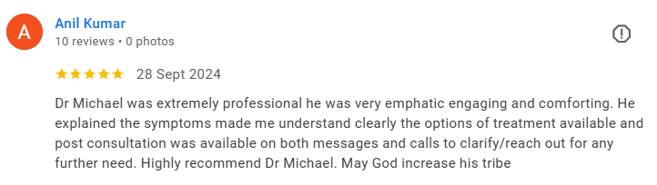 Screenshot of a Google review by Anil Kumar for Dr. Michael, praising his professionalism and helpfulness. Médecin généraliste Français à Dubaï / GP / French GP / French Doctor / French family medicine
