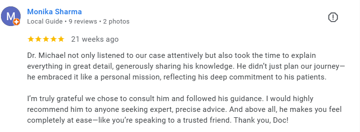 Screenshot of a Google review for Dr. Michael from Monika Sharma, praising his attentive listening, detailed explanations, and guidance, with a five-star rating. Médecin généraliste Français à Dubaï / GP / French GP / French Doctor / French family me