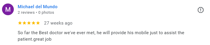 Screenshot of a Google review for Michael del Mundo, five stars, praising his medical care and mobile assistance. Médecin généraliste Français à Dubaï / GP / French GP / French Doctor / French family medicine