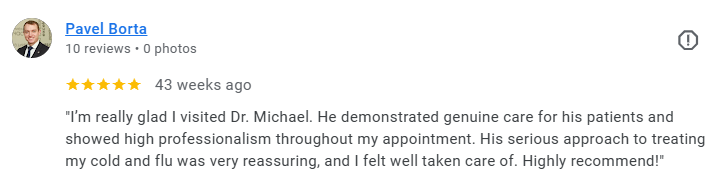 Screenshot of a Google review praising Dr. Michael for his professionalism and caring treatment for cold and flu. Médecin généraliste Français à Dubaï / GP / French GP / French Doctor / French family medicine