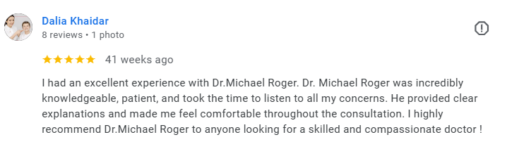 Screenshot of a review for Dr. Michael Roger, praising his knowledge, patience, and compassionate care. Médecin généraliste Français à Dubaï / GP / French GP / French Doctor / French family medicine
