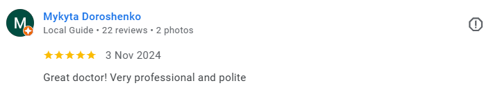 Screenshot of a Google reviews page for Mykyta Doroshenko, a local guide with 22 reviews and 2 photos, dated November 3, 2024, with a five-star review praising the doctor as professional and polite. Médecin généraliste Français à Dubaï / GP / French 