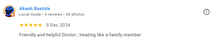 Screenshot of a Google review for Akash Bastola, a local guide, dated December 8, 2024, with 6 reviews and 40 photos, describing the doctor as friendly, helpful, and treating like family. Médecin généraliste Français à Dubaï / GP / French GP / French