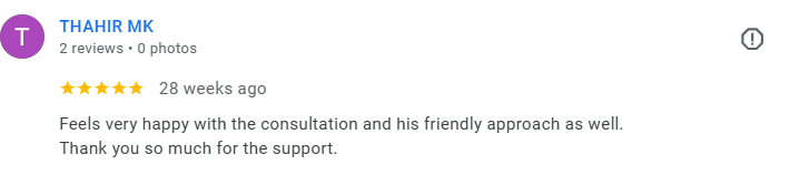 Screenshot of a Google review by Thahir MK expressing satisfaction with a consultation and friendly approach. Médecin généraliste Français à Dubaï / GP / French GP / French Doctor / French family medicine