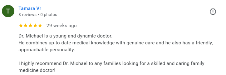 Review of Dr. Michael praising his medical care and friendly personality. Médecin généraliste Français à Dubaï / GP / French GP / French Doctor / French family medicine